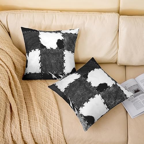 Miniatura 2 de Juego de 4 fundas de almohada de piel de vaca de 20 x 20 pulgadas, fundas de almohada de piel de vaca con retazos para cama, sofá, fundas de