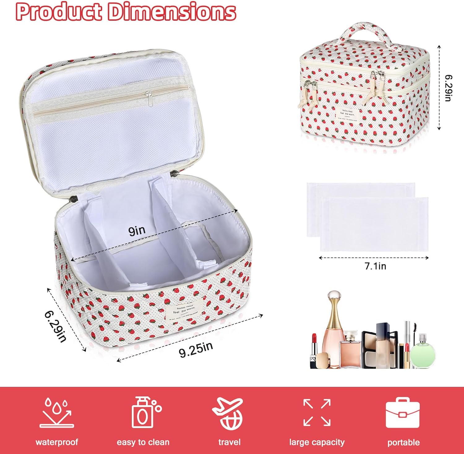 Gosect Makeup Bag, Portable Travel Make up Bag, Large Capacity Quilted Cosmetic Organizer Bag, Cute Floral Toiletry Bag for Women Girls (Strawberry)