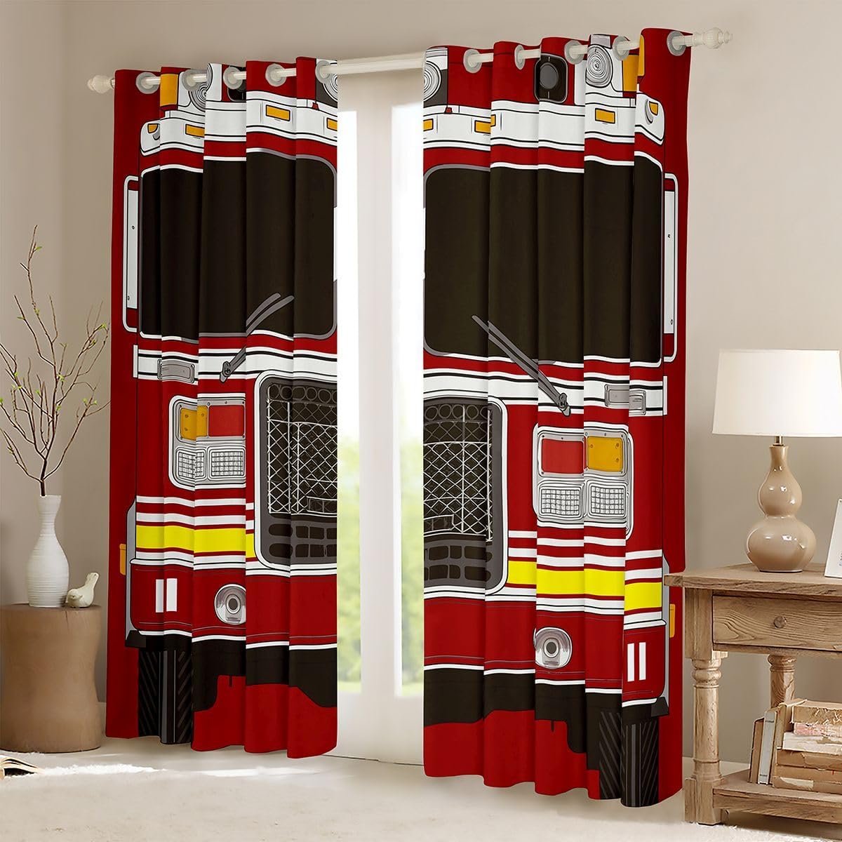 Erosebridal 3D Fire Truck Print Curtains for Kids Adults, Engine Window Treatment Black Red Firemen Car Vehicle, Cartoon Firefighter Draperies Fighting Vehicle Bedroom Decor 2 Panels 38" Wx54 L