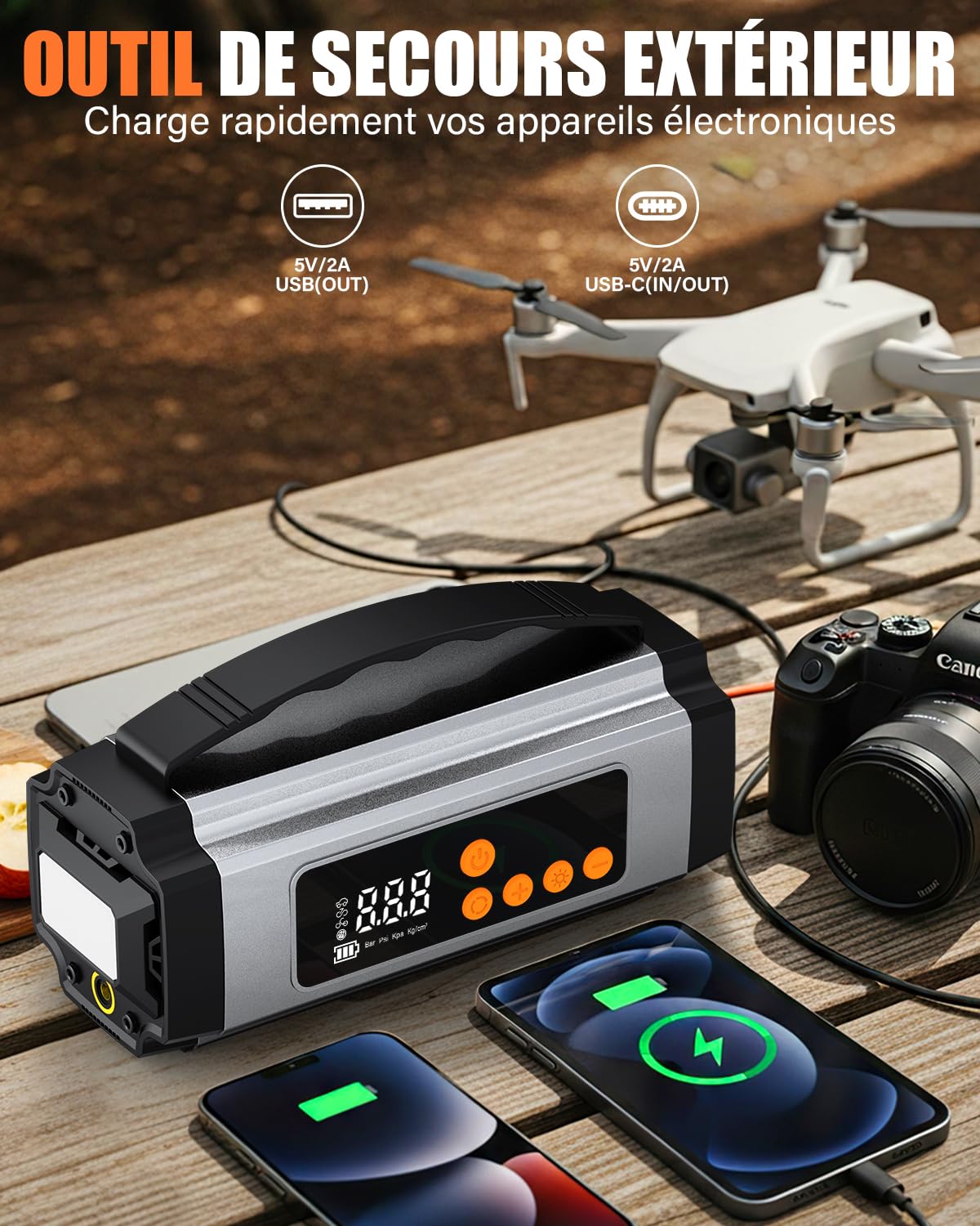 Onherm 7-in-1 Booster Batterie Voiture avec Gonfleur 150PSI, 2000A Demarreur Batterie Voiture pour Jusqu’à 8L Gaz ou 5L Diesel, Booster Moto avec Éclairage LED, Chargeur USB-C et Écran LCD