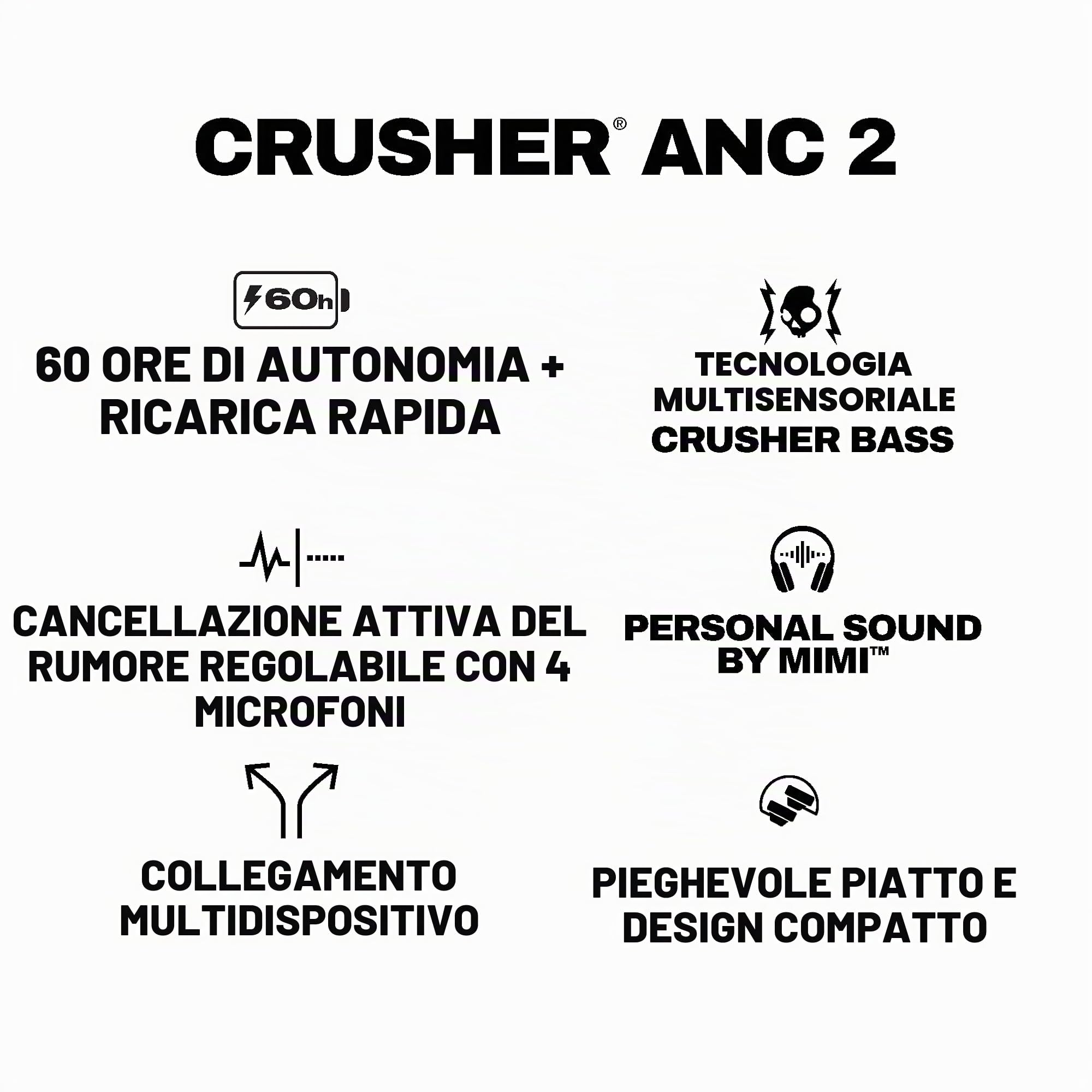 Skullcandy Crusher ANC 2 Cuffie Wireless Over-Ear con Bluetooth, Cavo USB-C Extra, Bassi Multisensoriali, Cancellazione Attiva del Rumore, 60 Ore di Autonomia - Bianco