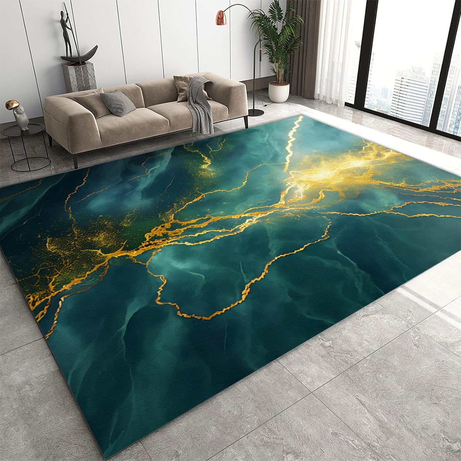 Tapis de salon moderne 120x160 cm à texture marbre beige