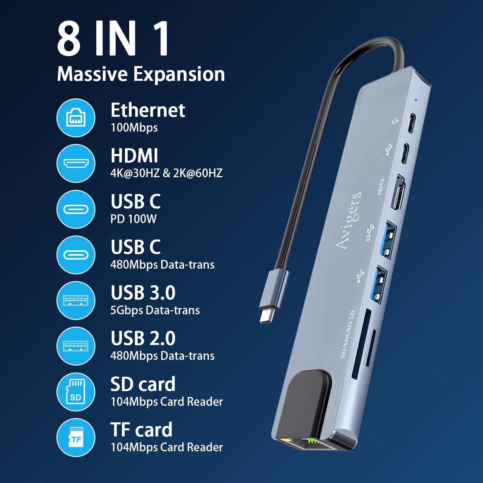 Hub USB C, Adattatore Usb C 8 in 1 con HDMI 4K, Ethernet RJ45, Lettore Schede SD/TF, PD 100W, USB 3.0, Usb 2.1, Compatibile per Computer/MacBook Pro Air/iPad/Surface/Samsung/Steam Deck
