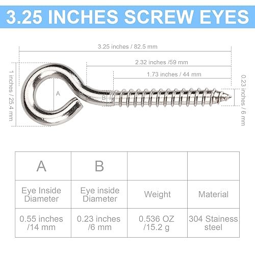 Miniatura 2 de Paquete de 8 tornillos de ojo de acero inoxidable 304 resistentes de 3.25 pulgadas, resistentes al óxido, tornillos autorroscantes para madera,