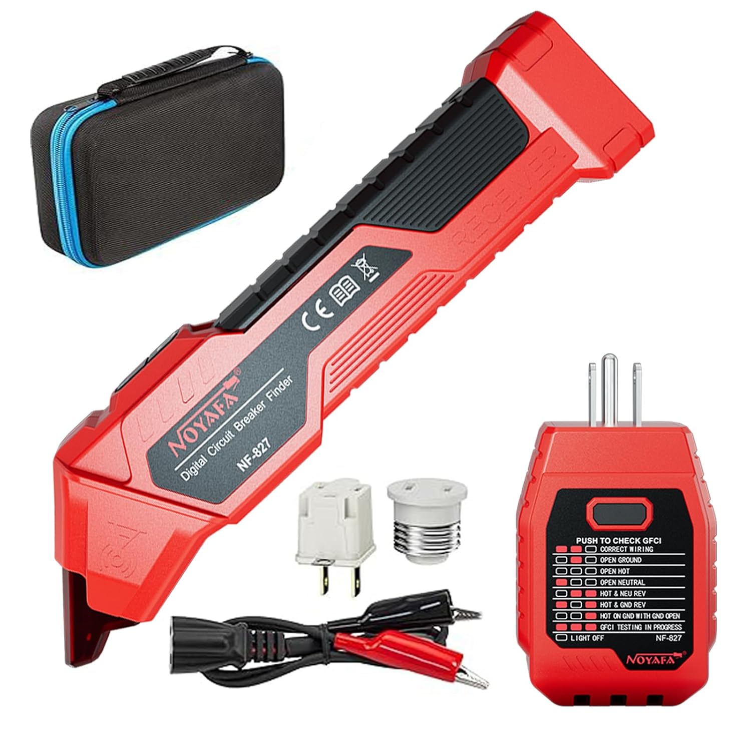 NF-827S Circuit Breaker Locator, GFCI Outlet Tester, Circuit Breaker Finder Tool, 90-120V AC Digital Circuit Finder with NCV Testing and Flashlight, Includes Carrying Case and Adapters