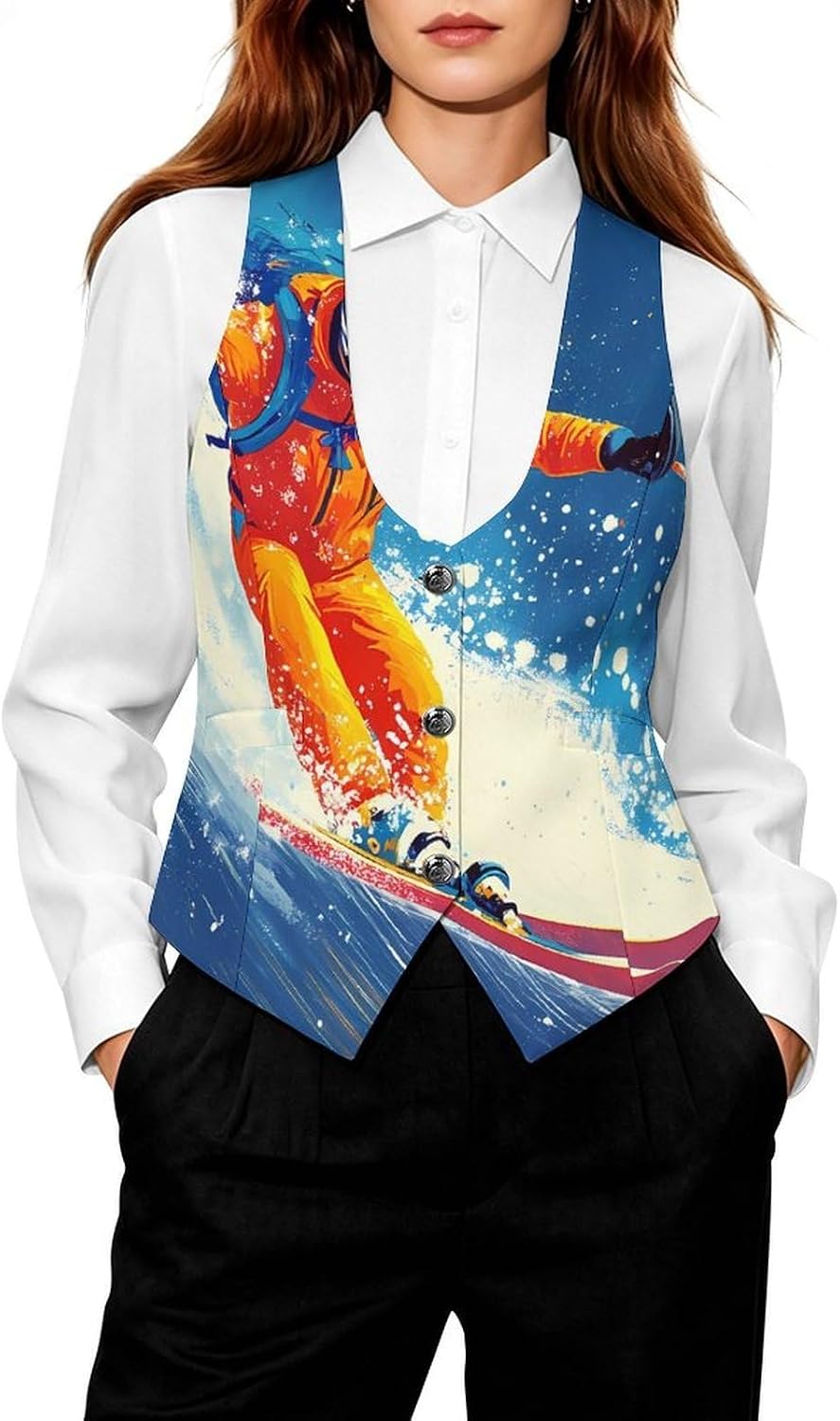 Skier Ski Skiing Snowy Mountain Women's Tuxedo Waistcoat Suit Vest | 3 Button V-Neck Slim Fit Casual Sleeveless Top