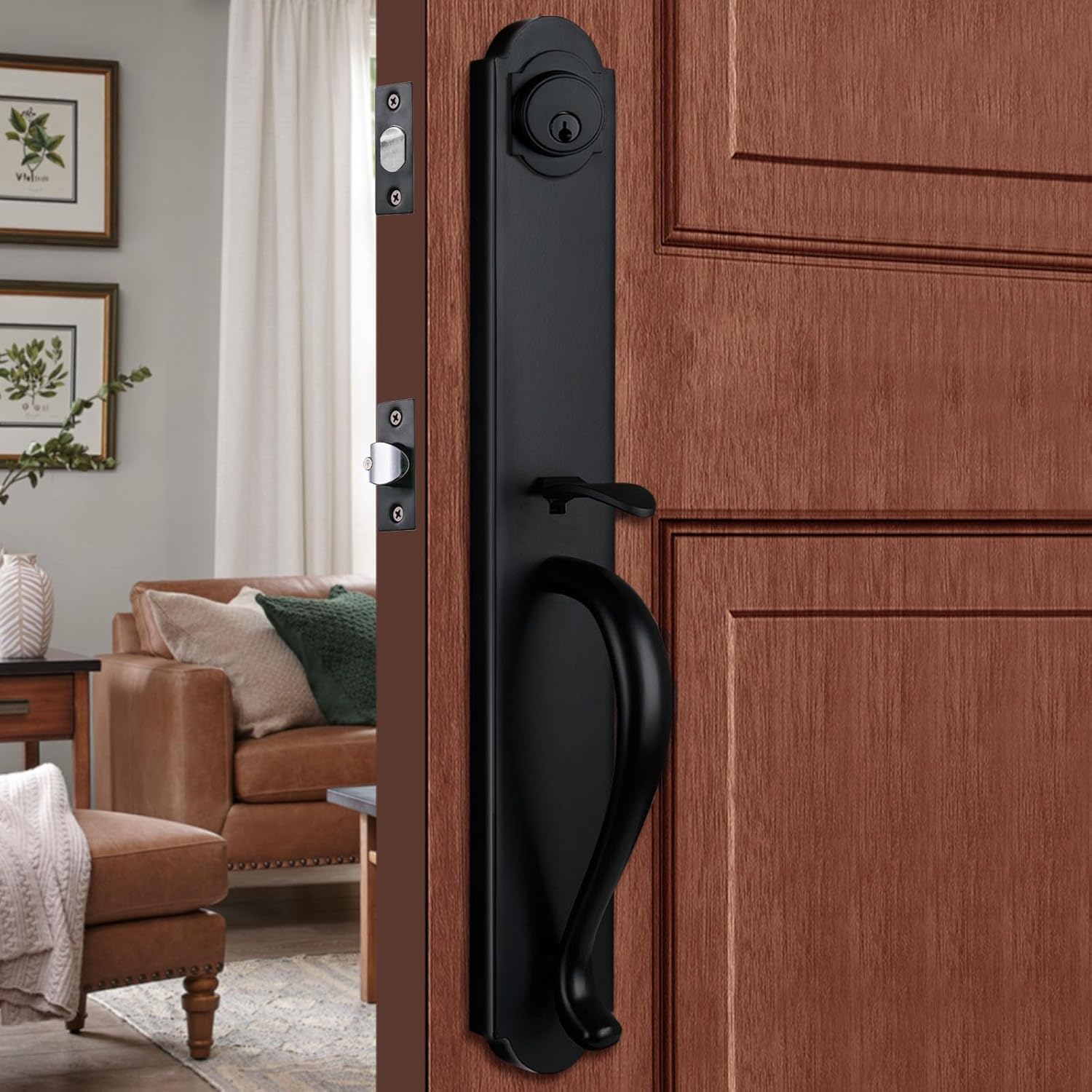 Matte Black Front Door Handleset in Camelot Trim, Heavy Duty Keyed Exterior Door Lock Set with Deadbolt, Left&Right Handed, X-2018DBAMZ