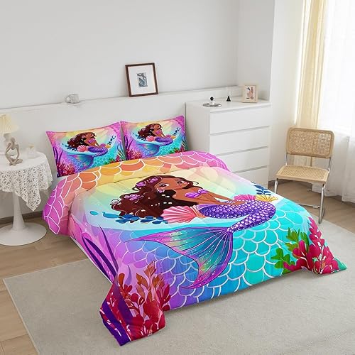 Miniatura 2 de Erosebridal Juego de ropa de cama para niña negra, juego de edredón de sirena lindo, juego de ropa de cama de princesa con conchas moradas, edredón