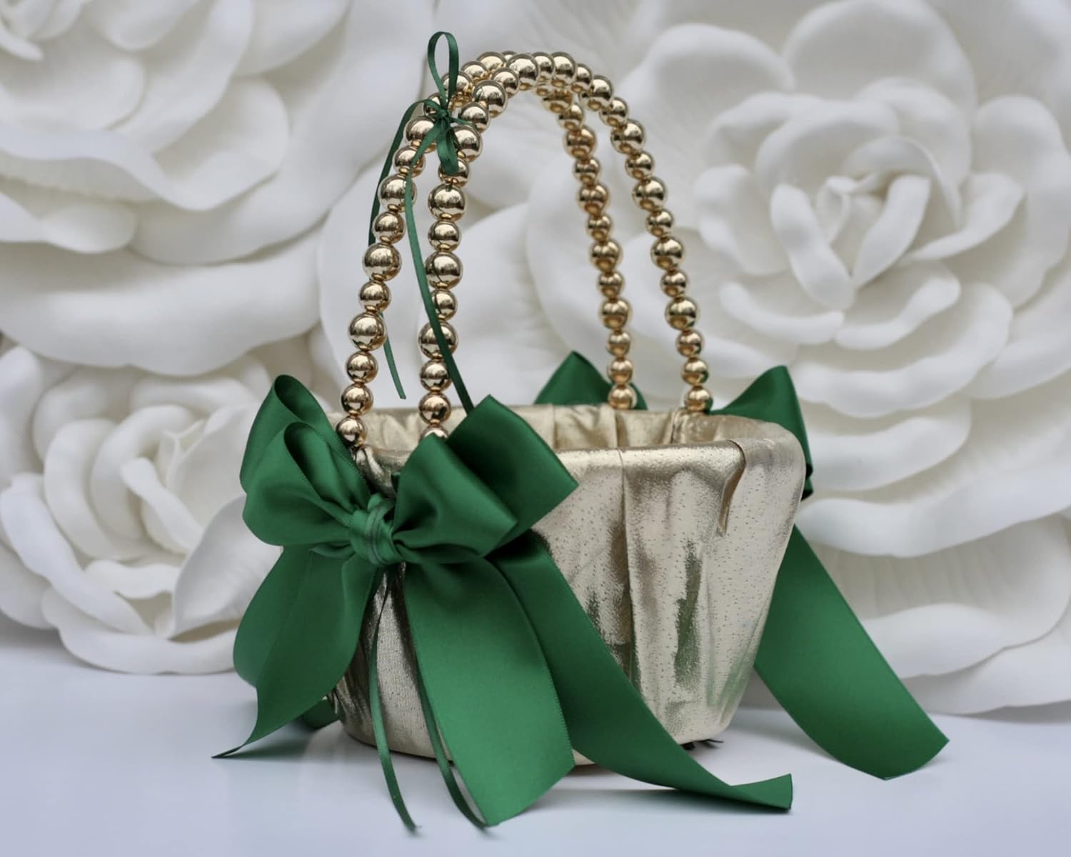 One Flower girl Basket ONLY, Wedding Basket with Pearl Handle, Gold and Green Basket