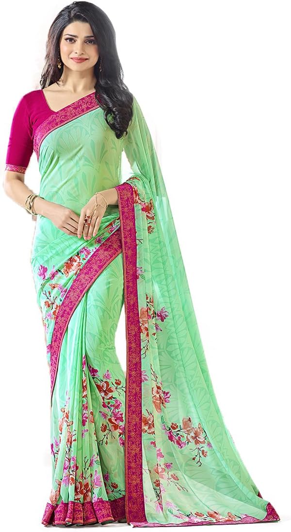 RAJESHWAR FASHION WITH RF Georgette Floral Printed Half & Half Saree for Women Jacquard Lace Edge Work Saree with Blouse Piece (Catalog A3 to A10 _Multicolor_Free Size 6.3m)