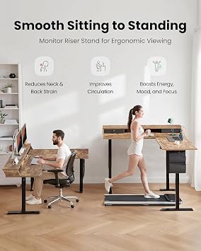 ErGear 63 inch L Shaped Standing Desk with Drawers and Storage Shelf | Reversible corner setup, cable management, 220 lbs capacity, C-clamp monitor mount support, dual hooks, Vintage Brown