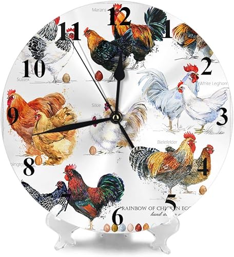 Miniatura 2 de HGOD DESIGNS Reloj de pared redondo de la colección de razas de pollo, dibujado a mano, acuarela de granja, gallina, gallo, reloj de pared redondo