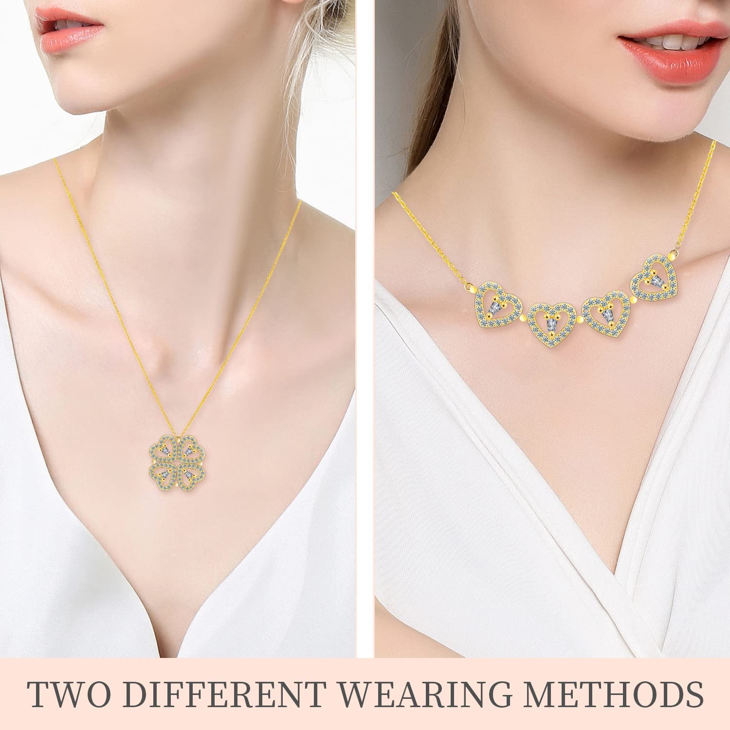 Klavertje Vier Ketting, 2-in-1 Hart Magnetische Hanger Ketting, Vouwen Hartvormige Sleutelbeen Keten Te Openen Choker Sieraden Cadeau Voor Vrouwen (Platinum