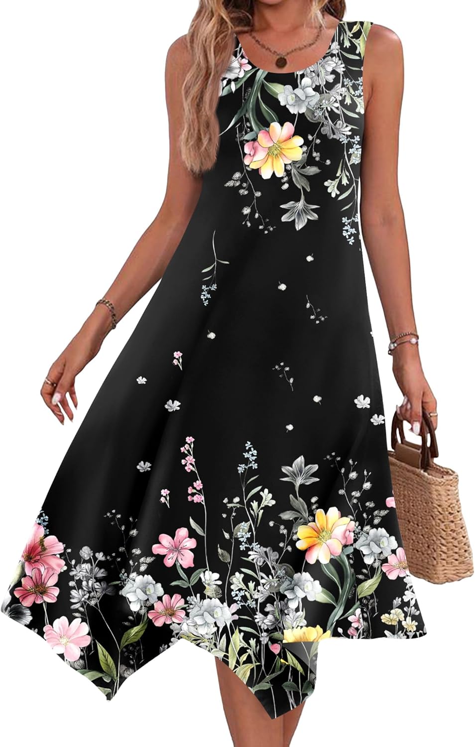 HOTOUCH Women's Casual Summer Dress Sleeveless Sundress Hankerchief Hem Midi Tank Dresses Beach Dress with Pockets