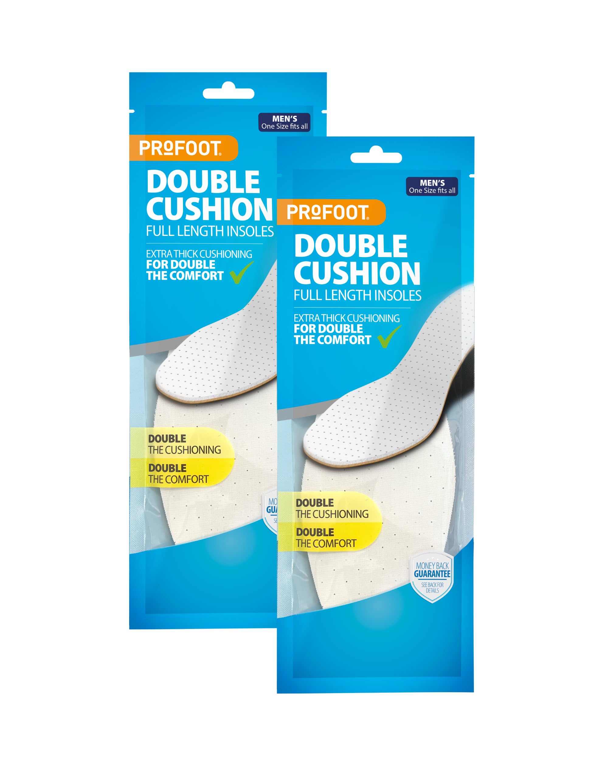 Profoot Double Cushion Insoles - Full Length Insoles for Men - Extra Thick Cushioning - Dual Layer Shoe Inserts - Ideal for Foot Discomfort - One Size Fits All - (2 Pack)