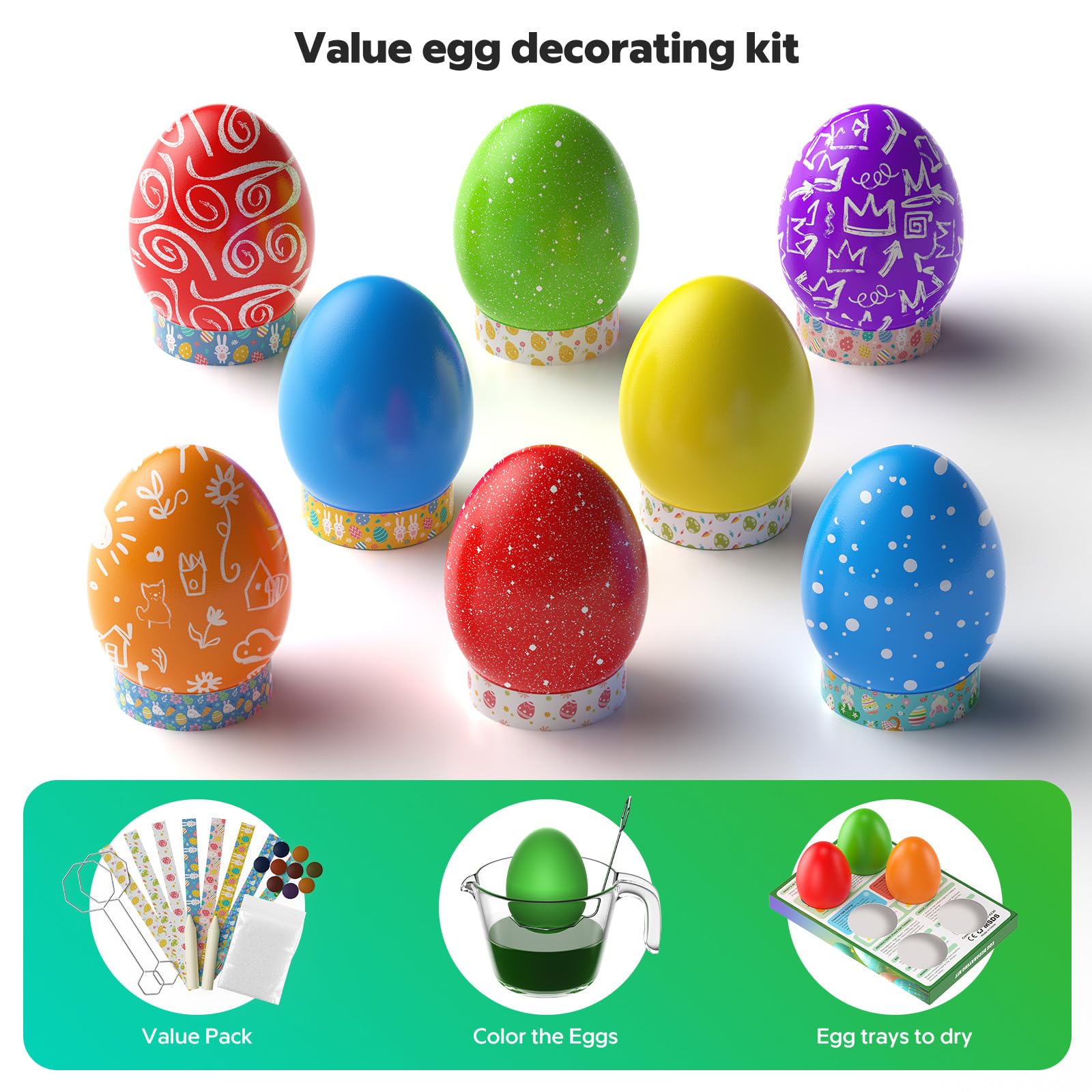 Wayin Egg Dye Kit - Easter Egg Decorating DIY Kit with Glitter Power, Dye Tablets, Egg Stands, Egg Dippers, Magic Crayon, Easter Egg Coloring Kit for Theme Party, Egg Hunt Creativity Activity