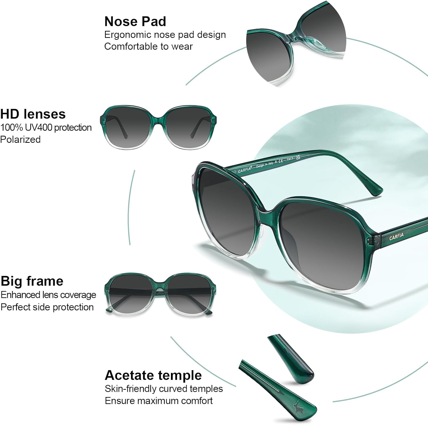 CARFIA Acetate Oversized Square Polarized Sunglasses for Women UV Protection Retro Trendy Big Shades - Image 4