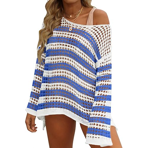 ZESICA Women's 2025 Summer Crochet Hollow Out Long Sleeve Beach Bikini Swimsuit Mesh Cover Up Tunic Top