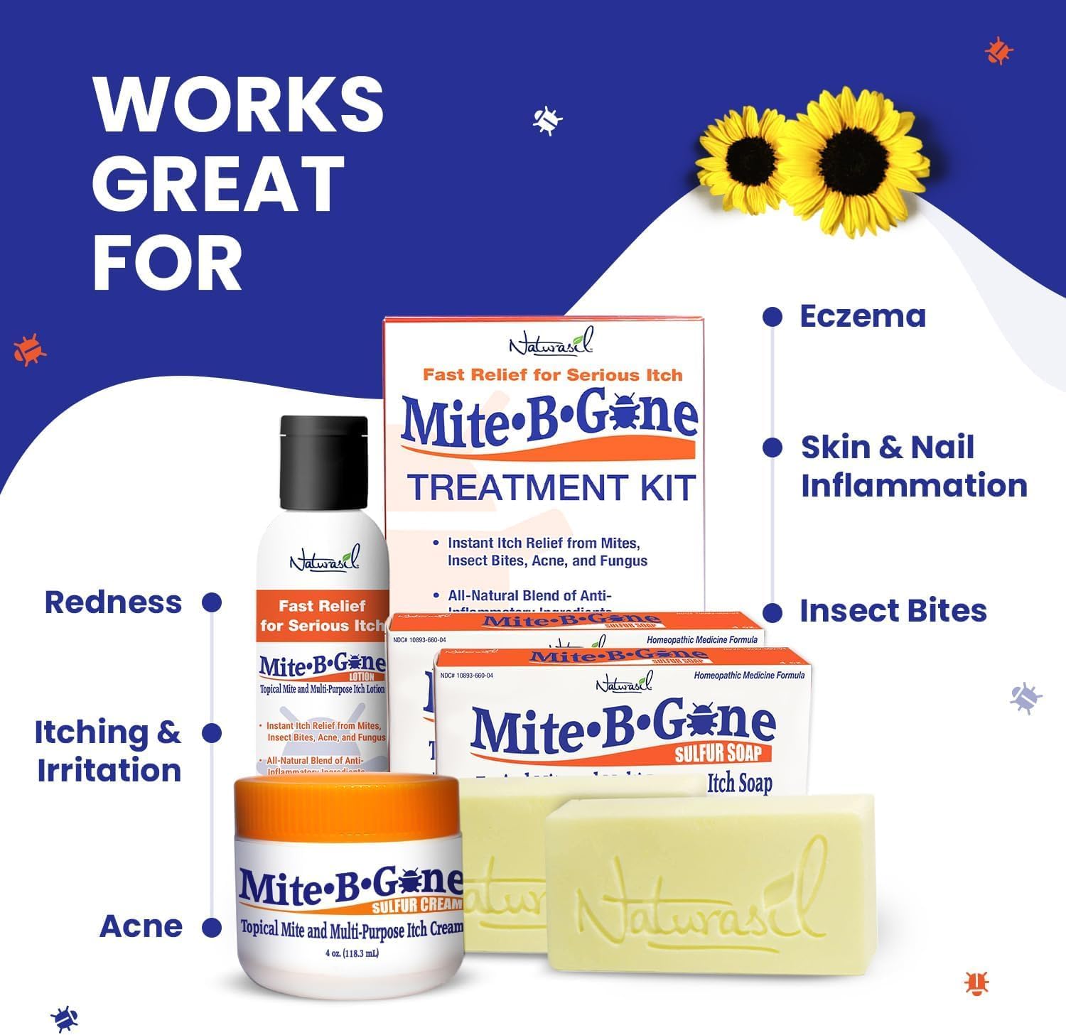 Naturasil Mite-B-Gone Mite Treatment Kit | Fast-Acting 10x Sulfur Lotion & Soap | Fast-Relief for Human Mites, Bug Bites, Itching Redness & Irritation | Safe for Kids and Adults - Image 2