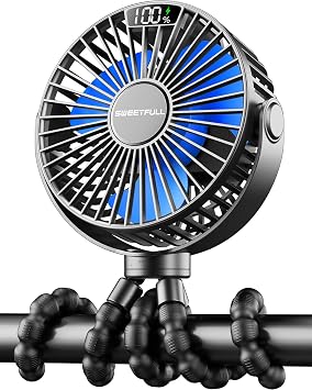 SWEETFULL Portable Stroller Fan with LED Display, 4 Speed Rechargeable Mini Clip On Fan, 360 Rotate Flexible Tripod Better Cooling Small Baby Fan for Car Seat Crib Travel Bike Treadmill Black