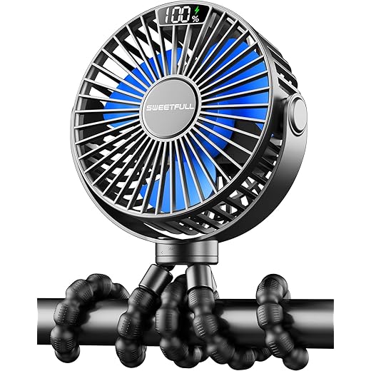 SWEETFULL Portable Stroller Fan, LED Display 6000mAh Battery Operated Mini Clip Fan, 4 Speed Rechargeable Small Personal Fan Handheld Desk Cooling Fan for Car Seat Crib Treadmill Travel(Black)