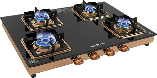 Everflame Aurum 4 Burner Gas Stove | ISI Certified | Manual Ignition LPG Gas Stove | 5G Brass Burner | 5 Years Warranty on (Glass & Burners) + 2…
