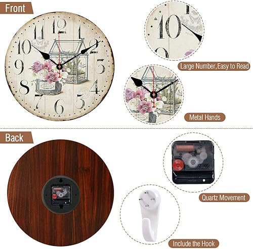 Miniatura 2 de Reloj de pared con movimiento de cuarzo de 14 pulgadas, relojes de pared silenciosos y sin tictac, relojes de pared redondos de madera vintage para