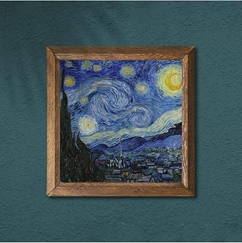 Pinecone فنسنت فان جوخ Starry Night Stone Wall Painting - لوحة حجرية بإطار خشبي - 25 × 25 سم - فن حائط زخرفي - ديكور حائط حديث للمنزل والمكتب W1-65