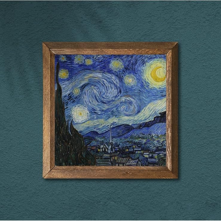 Pinecone فنسنت فان جوخ Starry Night Stone Wall Painting - لوحة حجرية بإطار خشبي - 25 × 25 سم - فن حائط زخرفي - ديكور حائط حديث للمنزل والمكتب W1-65