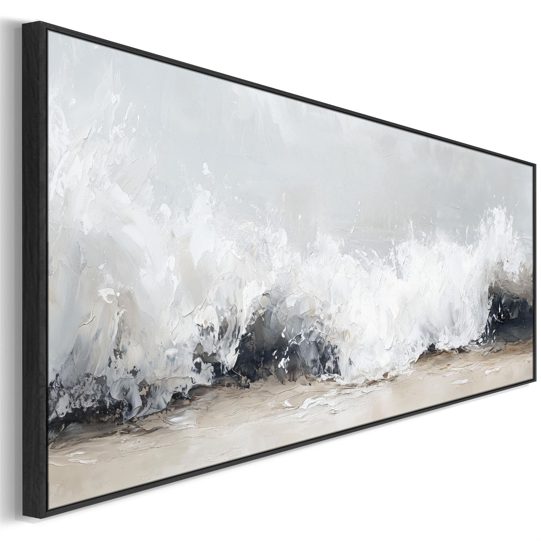 Wallfillers Wide Horizontal Framed Wall Art Canvas Greige Neutral Narrow Panoramic (143 x 52cm)