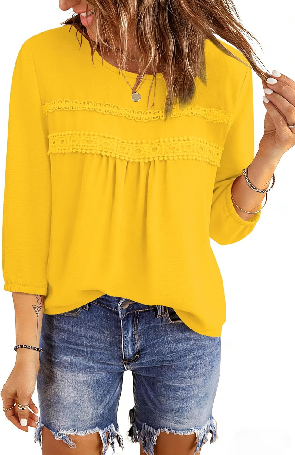 Ivicoer 3/4 Length Sleeve Womens Tops Crewneck Dressy Casual Chiffon Blouses Flowy Lace Boho Clothing Trendy 2026 - Image 4