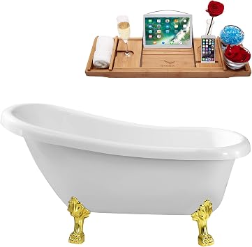 Streamline 61" Clawfoot Soaking Bathtub Glossy White Acrylic Tub with Polished Gold Internal Drain Sleek Design with Bamboo Tray 48 Gallon Capacity