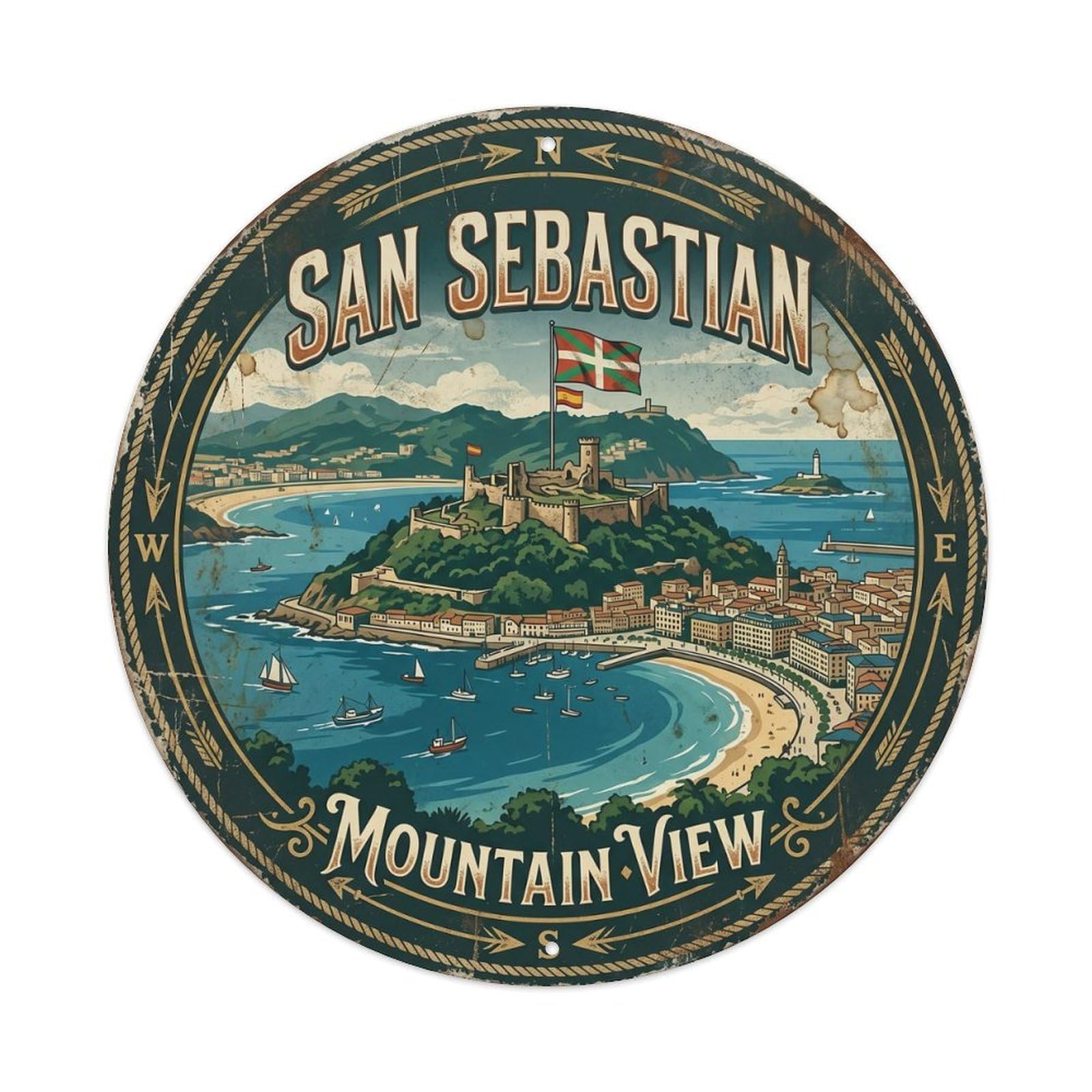 Vintage Travel Urgull Mountain Sebastian Viewpoint Metal Tin Sign