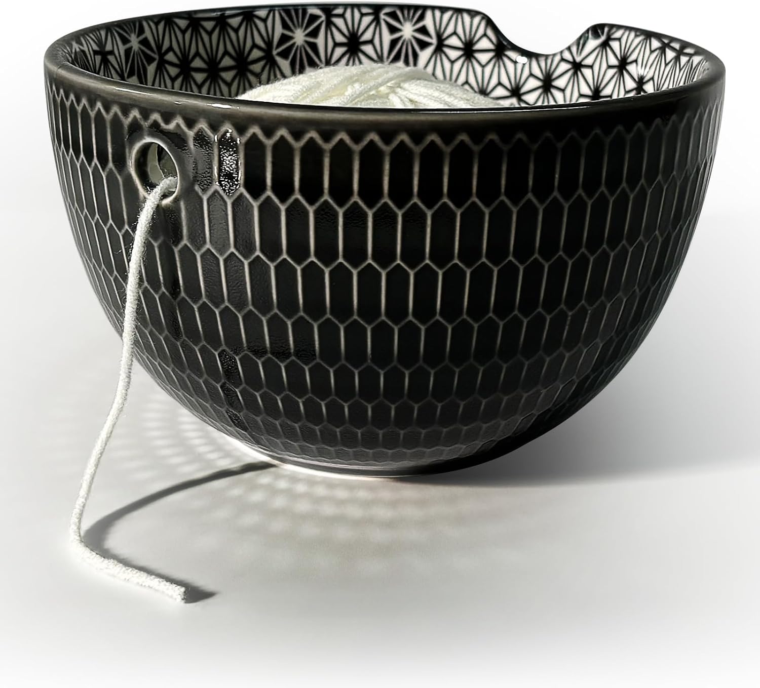 UCDRMA Yarn Bowl Ceramic Crochet Bowl, Handmade Craft Knitting Bowl with Hand-Painted Patterns Decorations Yarn Holder for Crocheting, 6in Larger Yarn Bowls for Crochet Bulky Yarn/Acrylic Yarn, etc. Black