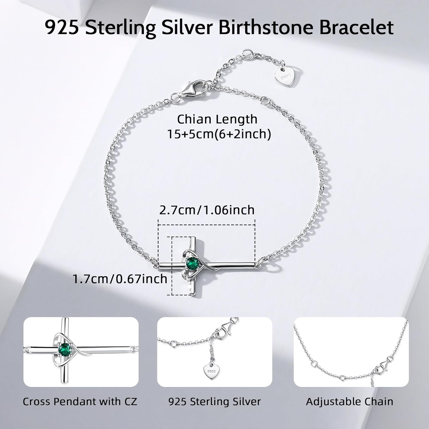Birthstone Bracelet 925 Sterling Silver Birthstone Cross Bracelets for Women Cross Heart Cubic Zircon Adjustable Jewelry Gifts for Birthday Christmas