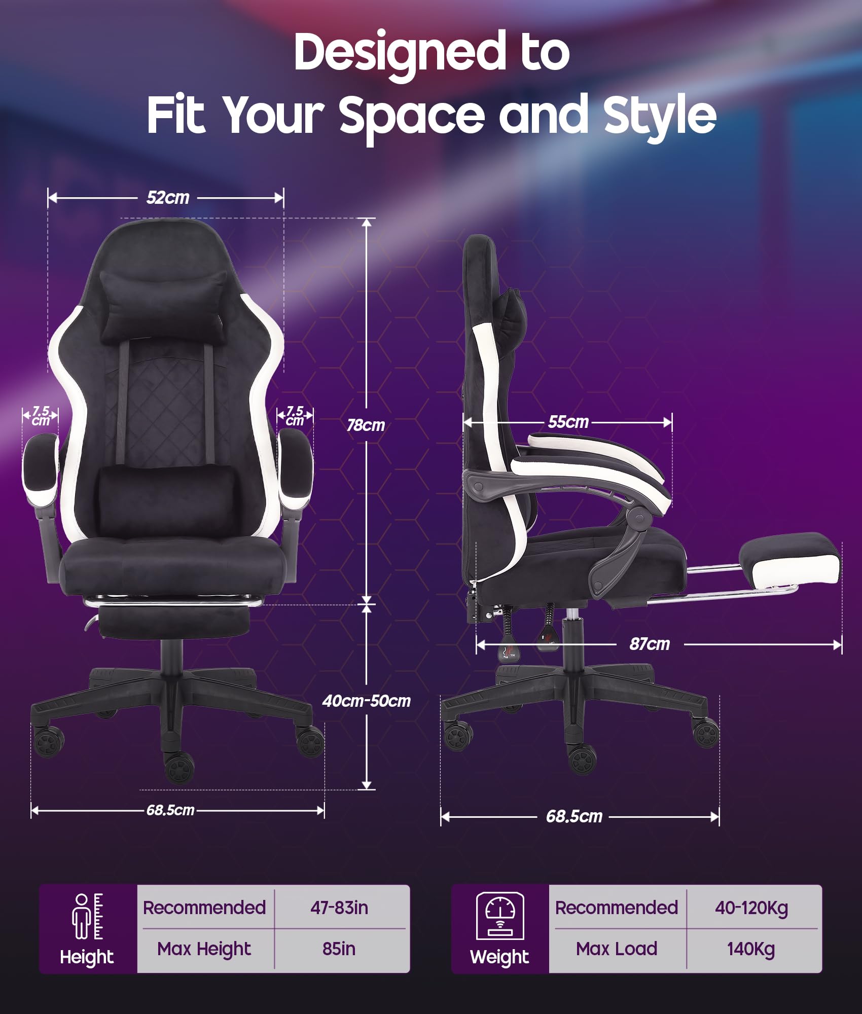 Sedia Gaming Ergonomica con Poggiapiedi, Schienale Reclinabile fino a 140°, Sedia Girevole da Ufficio con Supporto Lombare e Poggiatesta, Altezza Regolabile, Tessuto Flanella Grigio (Nero)