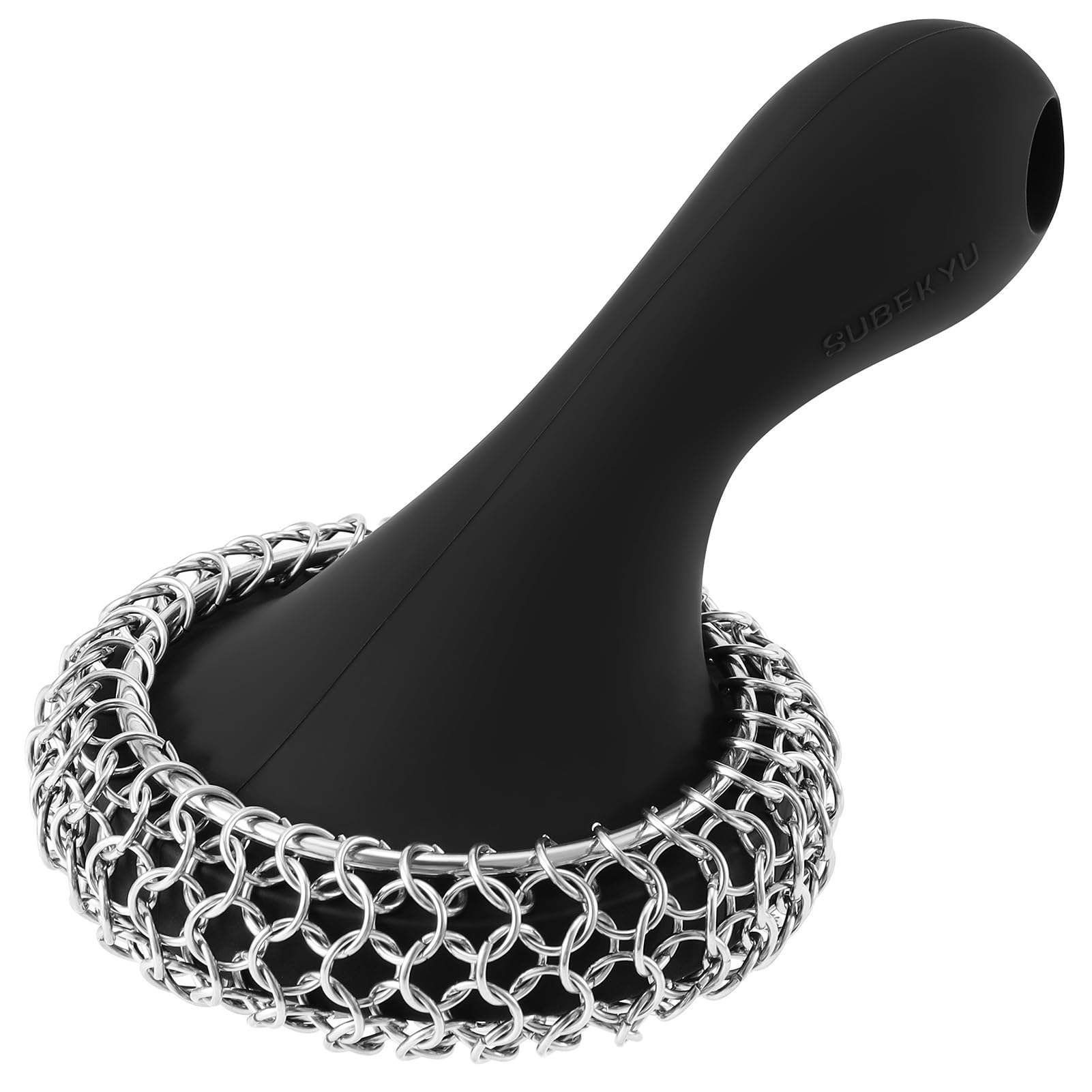 SUBEKYU Cast Iron Scrubber with Silicone Handle, Stainless Steel Chainmail Scrubber for Cast Iron Pans, Black