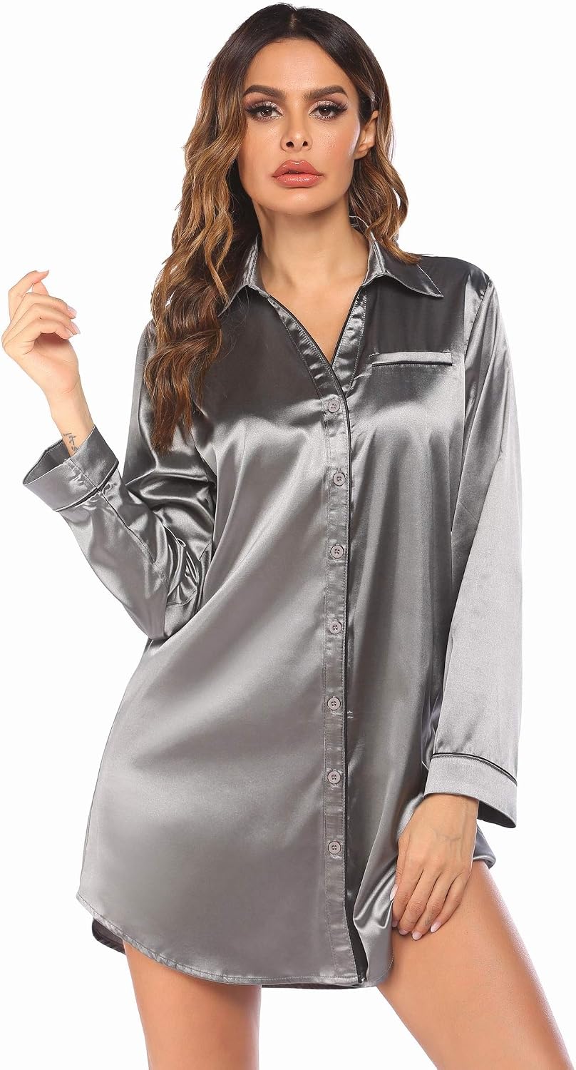 luxilooks Women Nightgown Sexy Satin Nightshirt Long Sleeve Button Sleepshirt V Neck Silk Sleepwear Boyfriend Pajama Top