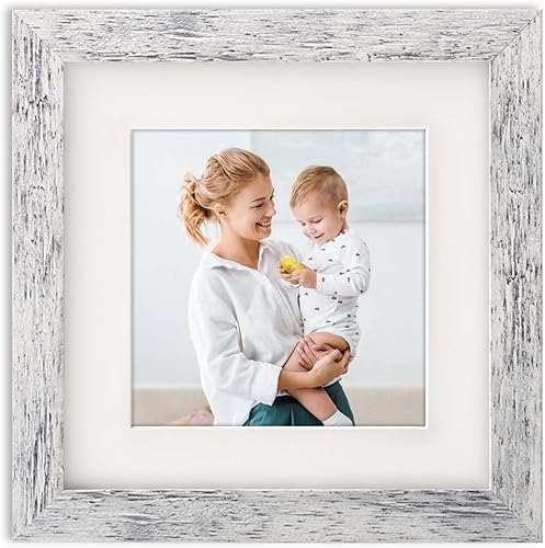 Marcos de fotos cuadrados blancos envejecidos de 6 x 6 con alfombrilla de 4 x 4 para mesa de pared