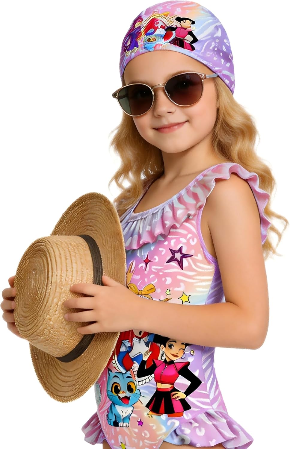 Girls K-popSwimsuit with Cap One-Piece Adjustable Straps Beach Pool Bathing Swimwear 4-12Y