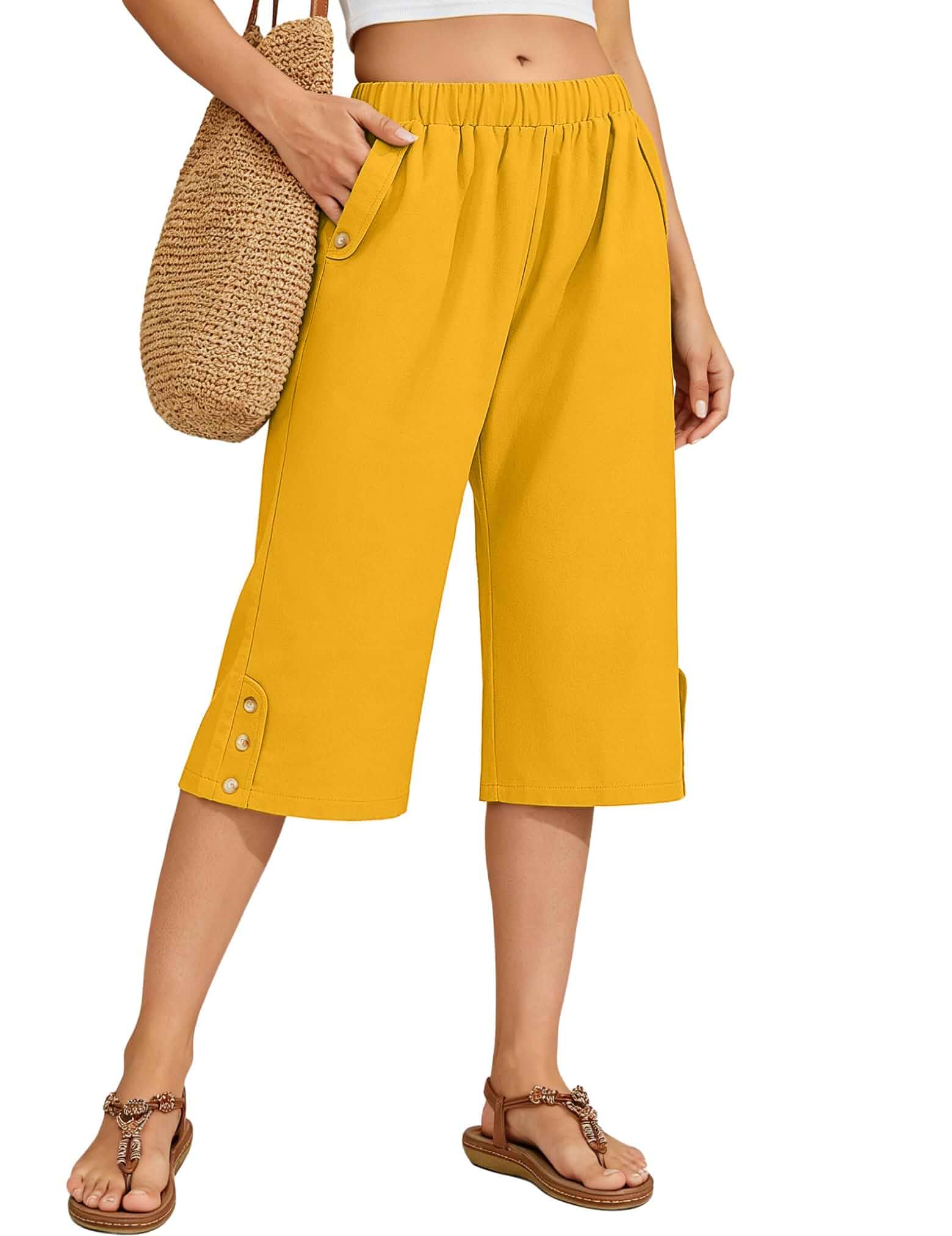 WROLEM Women Summer Capri Pants Casual Wide Leg Elastic Waist Lightweight Cropped Loose Pants with Pockets Standard