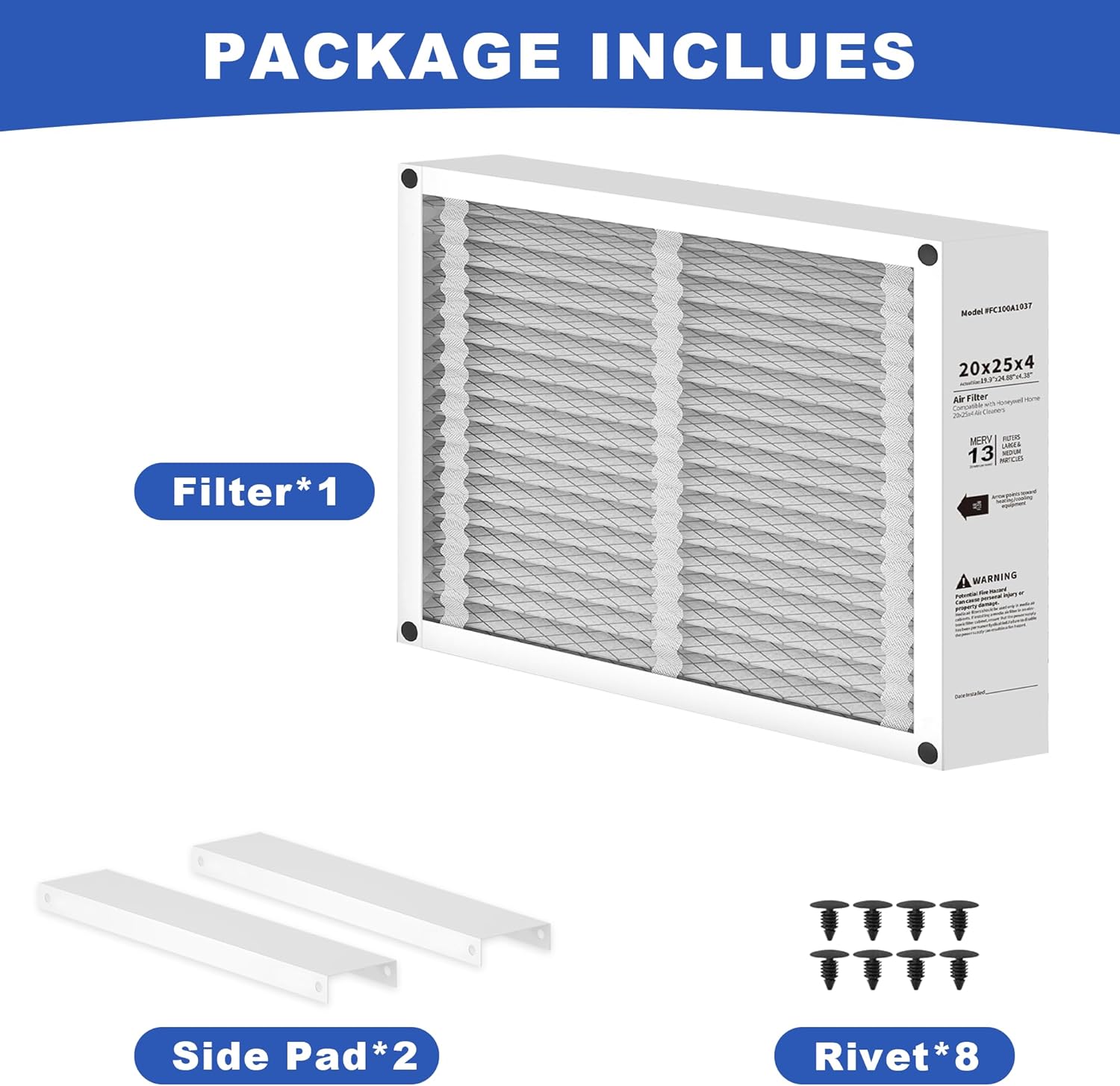 2 Pack 20x25x4 Air Filter Replacement Compatible with Honeywell FC100A1037 Pleated HVAC, MERV 13 Furnace Filter, Foldable Design (Actual Size: 19.94 x 24.88 x 4.38 Inches)