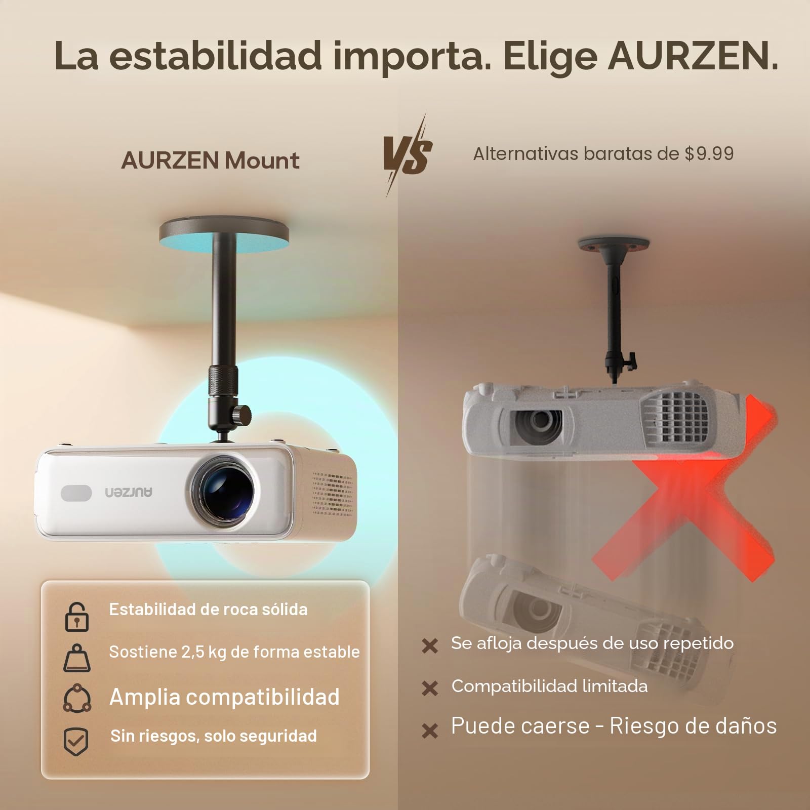 Aurzen Soporte de Techo para proyector, Giro de 360° e inclinación de 90° | Ajustable de 9 a 15", rosca de 6,35 mm, compatible con la mayoría de los proyectores, incluidos Aurzen, Epson y Yaber.
