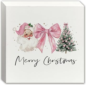 Coquette Pink Bow Christmas Wood Signs, Decorations, Decor, Tree Santa Wooden Box Block Sign for Home Office Desk Table Shelf, 5x5 Inch