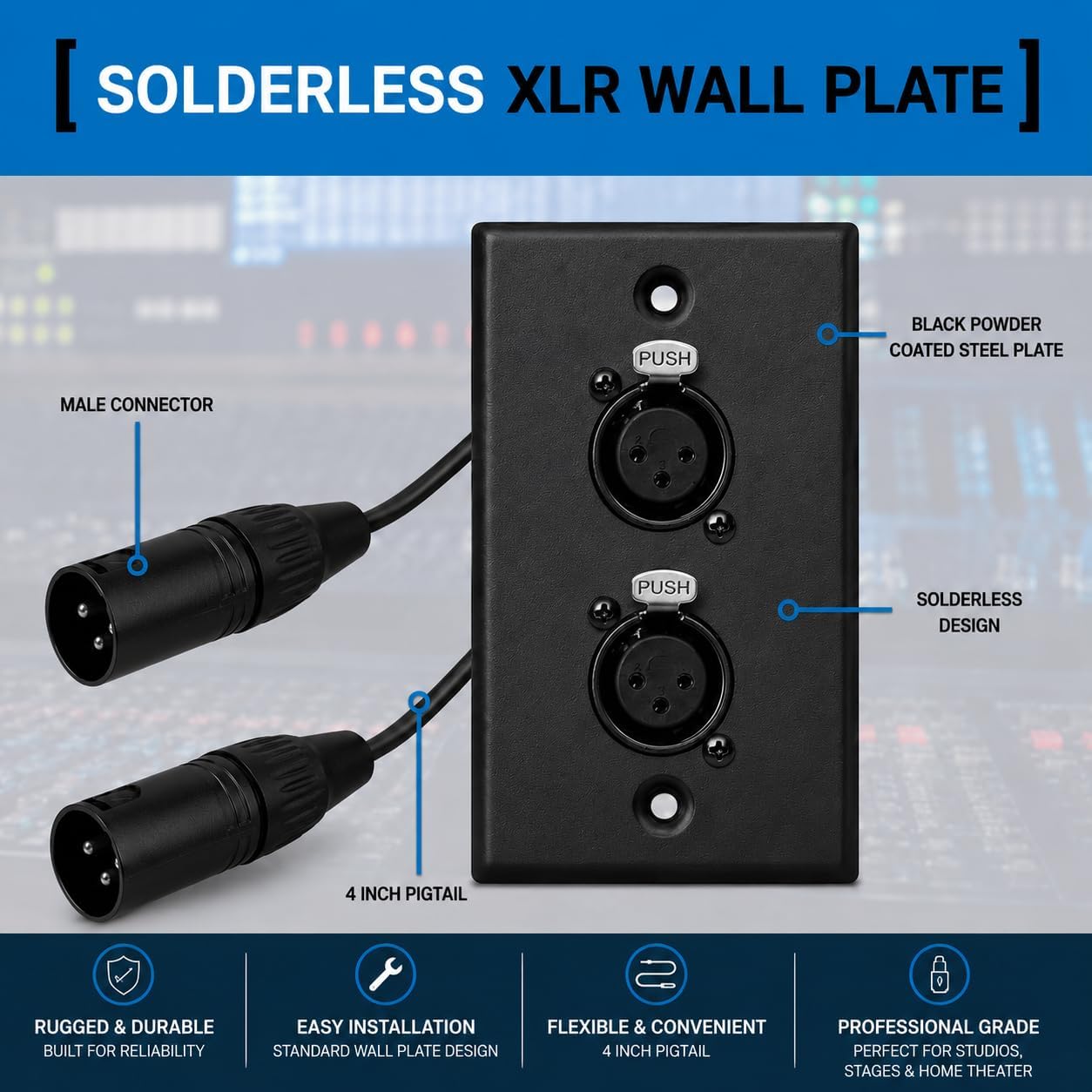 DIYTECH 2 Port Black XLR Wall Plate, Solderless Female to Male Connector