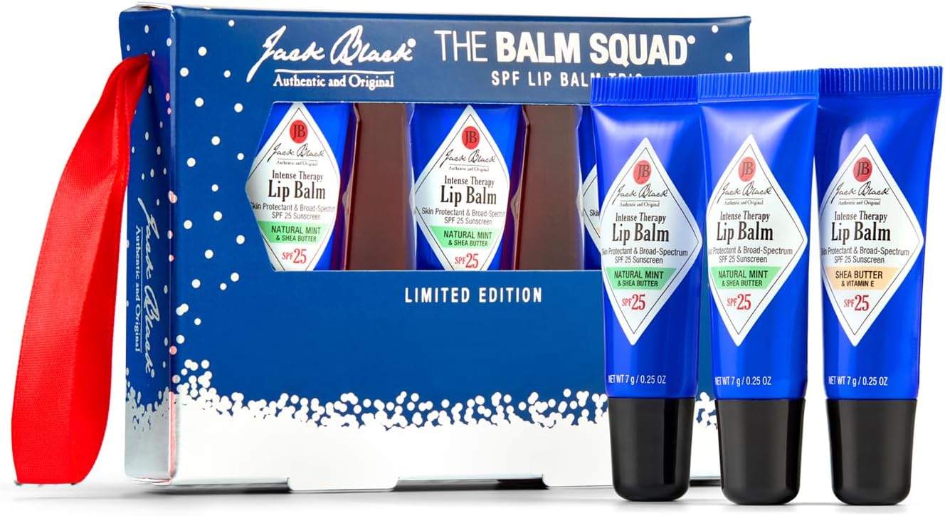 Jack Black The Balm Squad Gift Set, Intense Therapy Lip Balm with SPF 25 Sun Protection – Naural Mint & Shea Butter – Lip Balm Set, 3-Pack