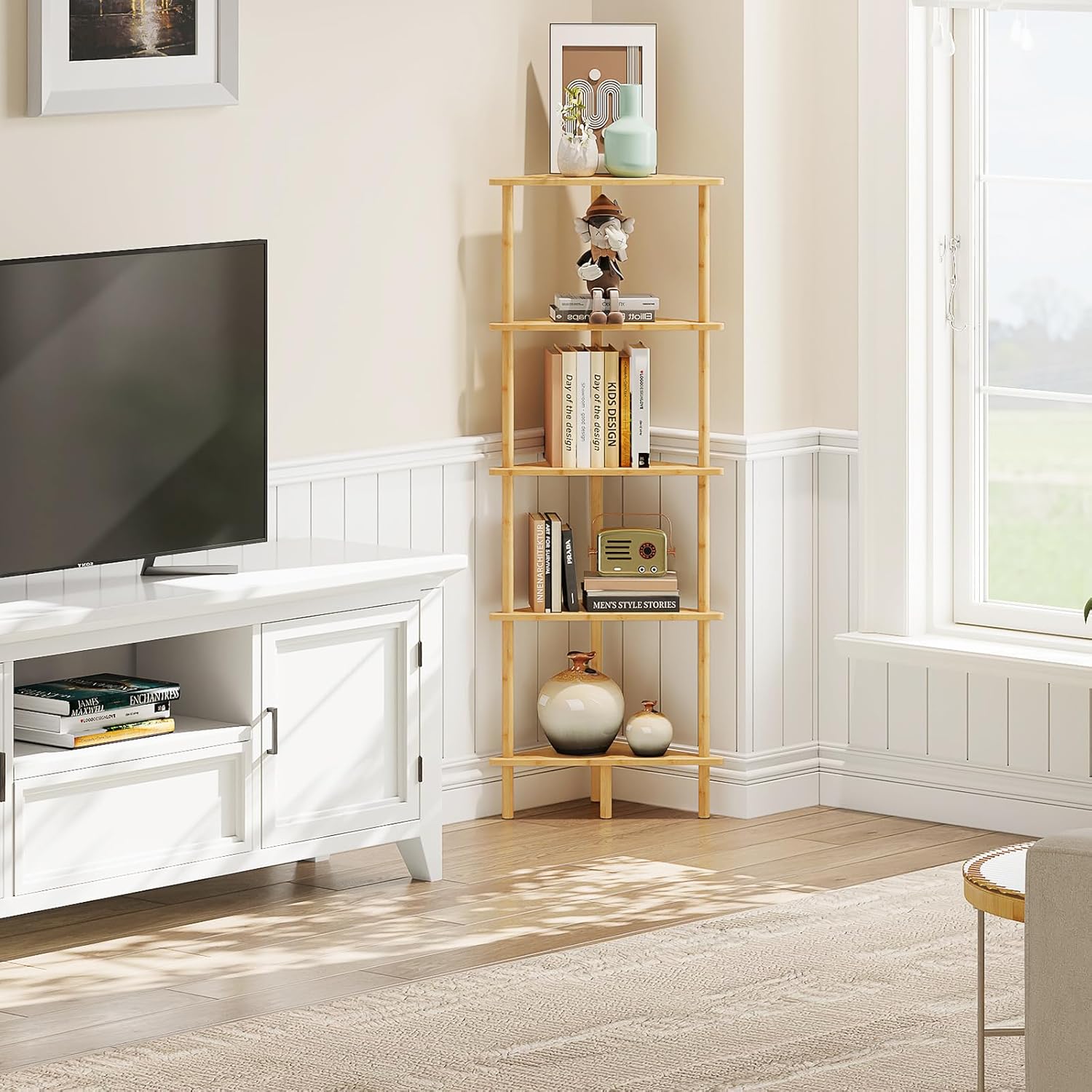 HOOBRO Corner Shelf Stand, 5-Tier Bamboo Corner Bookshelf, Plant Display Shelf, Corner Bookcase, Multipurpose Shelving Unit for Small Space, Living Room, Easy Assembly, Natural YL20CJ01