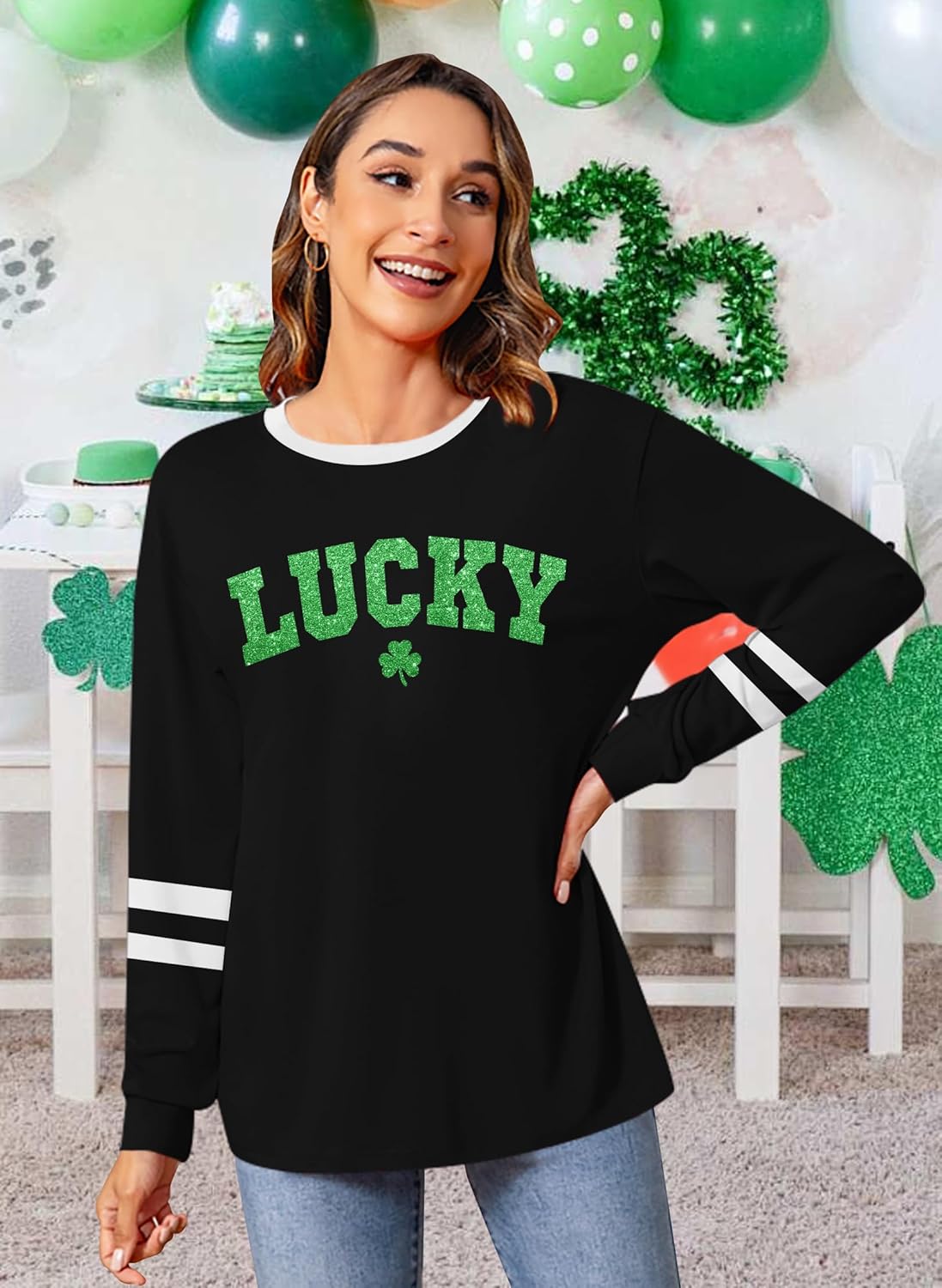 St. Patrick Day Shirt for Women: Lucky Shamrock Sequin Green Long Sleeve Tee Saint Patrick's Day Irish Graphic Tops - Image 2