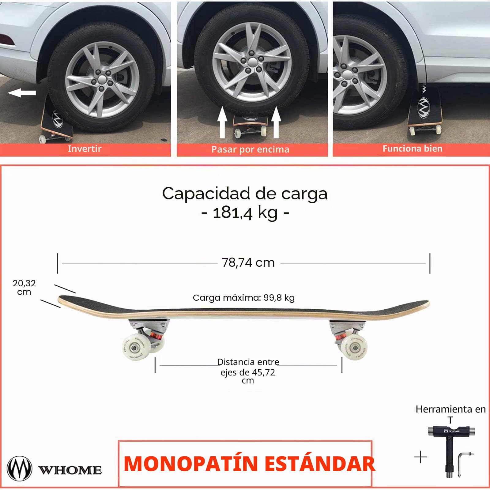 WHOME Pro Skateboard Completo para Niño Niña/Adulto Principiante/Pro - 31 x 8 Pulgada Patineta Estándar 8 Capas Alpine Maple Deck ABEC-9 Incluyen T-Tool