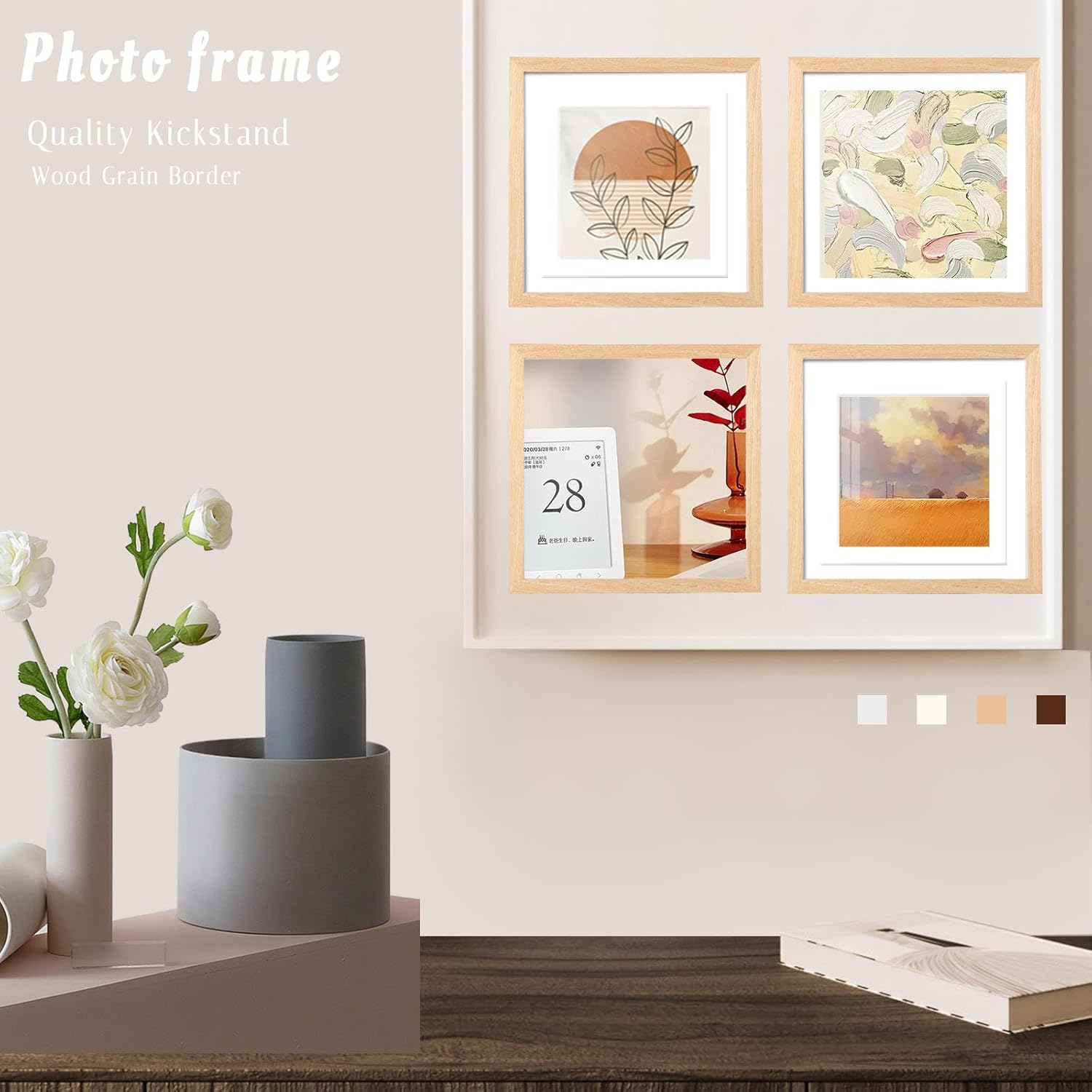 12x12 Frame,Display Pictures 8x8,10x10 With Mat or 12x12 Without Mat,Natural Solid Wood,Hung On Walls Or Placed On Tables,Square Picture Frame (Wood Color,Set of 4)
